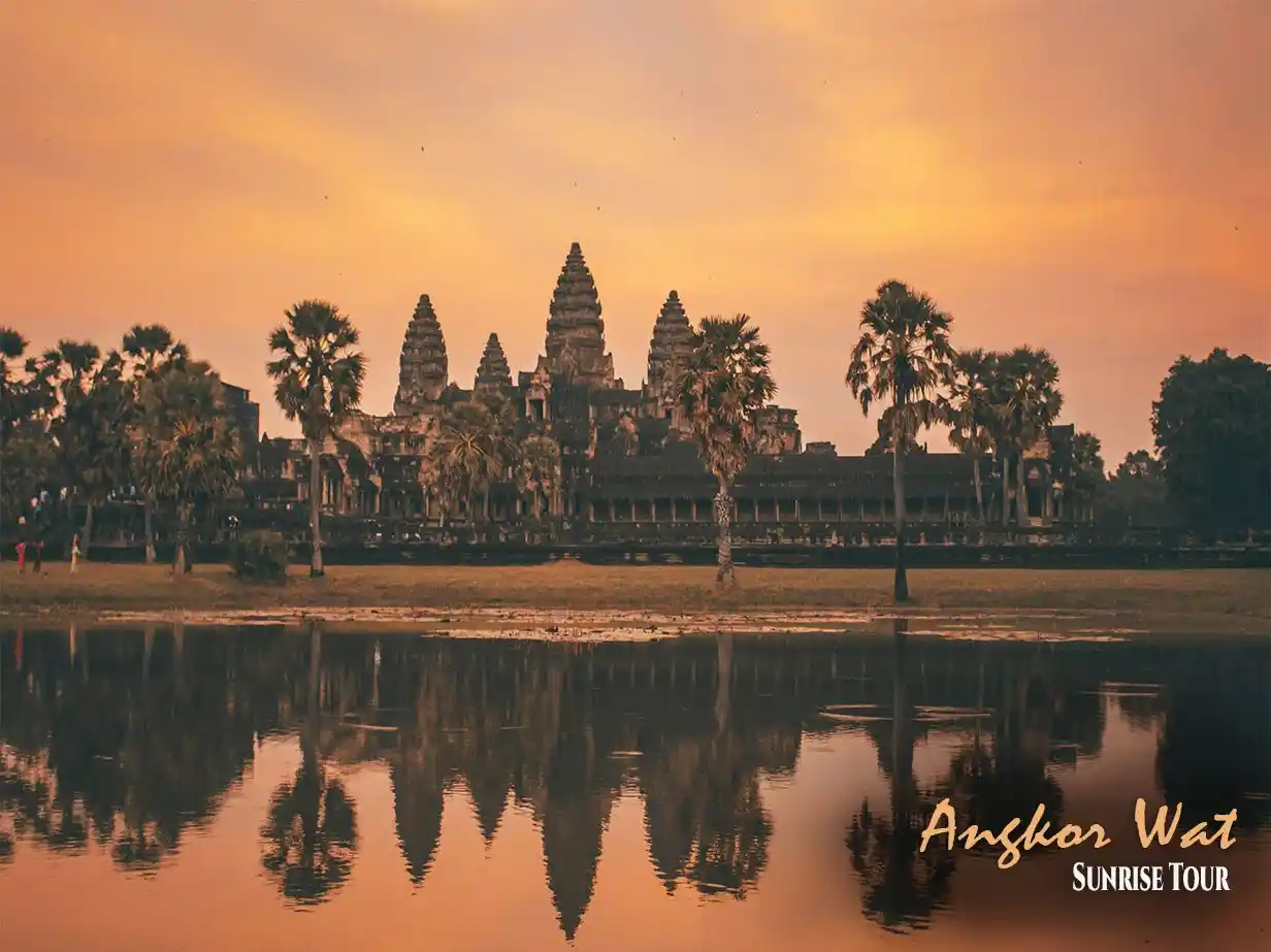Iconic Angkor Wat Temple Complex Reflection Pond at Sunrise in Siem Reap Cambodia