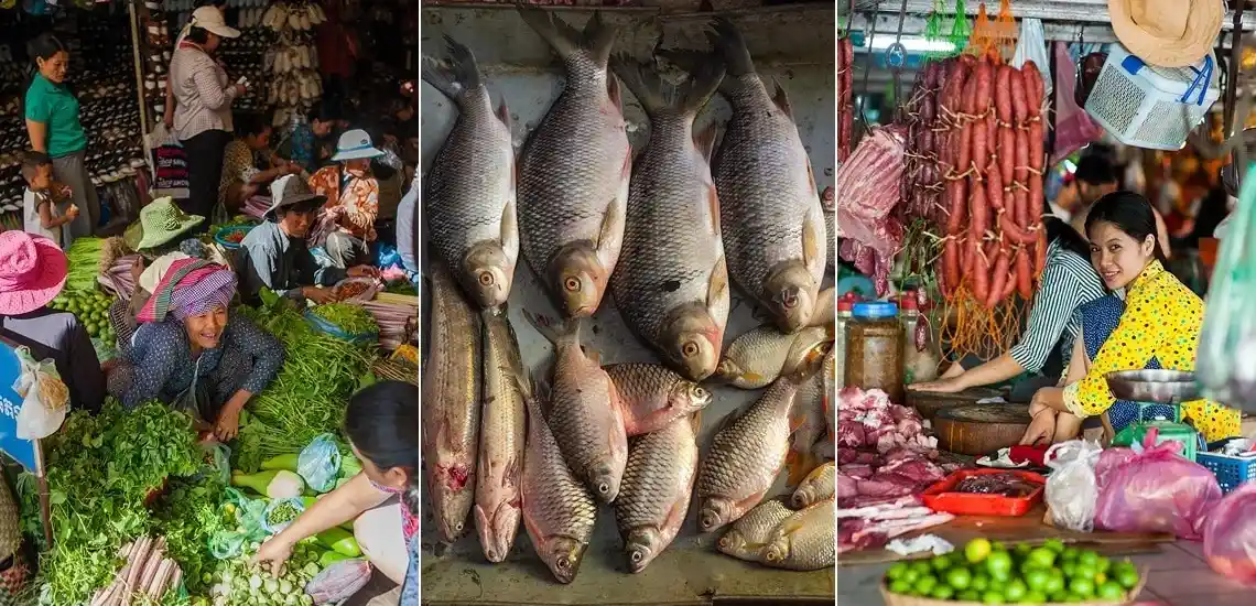 Vibrant Local Market Scene with Fresh Produce in Siem Reap Cambodia