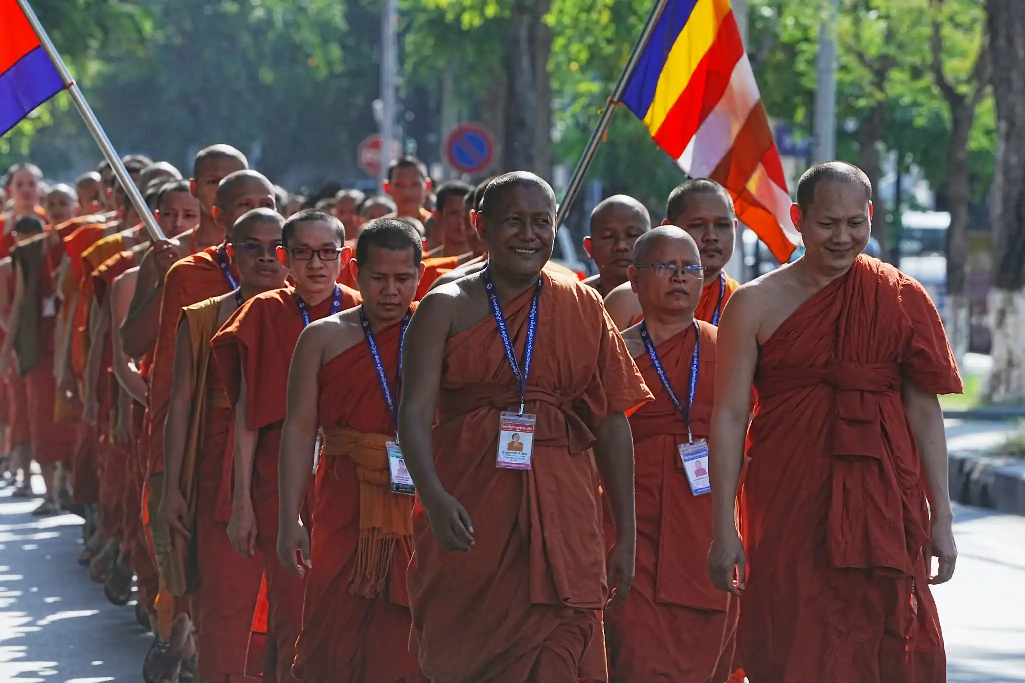 Buddhist Monks in Traditional Saffron Robes at an Ancient Cambodian Temple
