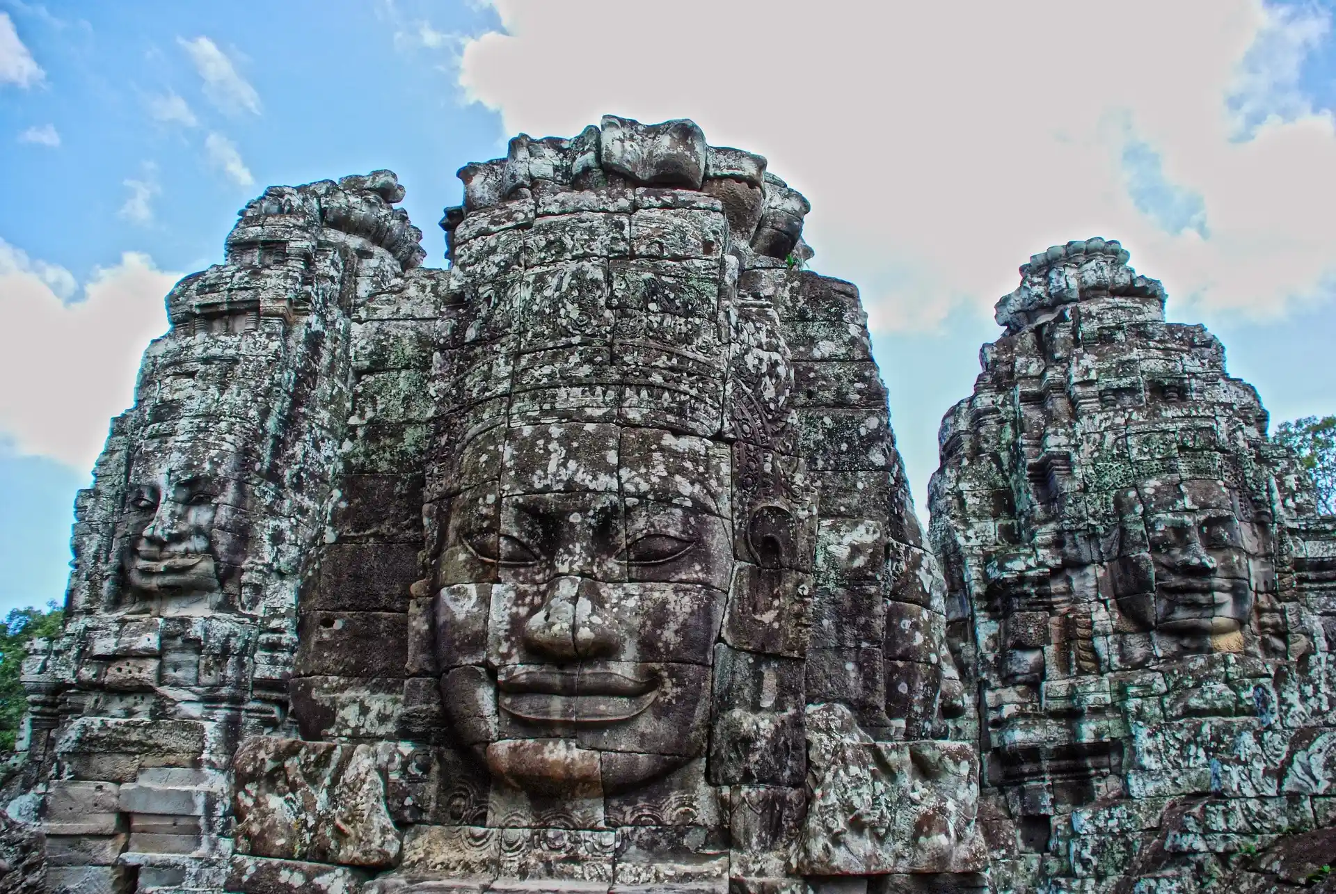 Enigmatic Smiling Stone Faces of Bayon Temple in Angkor Thom Cambodia